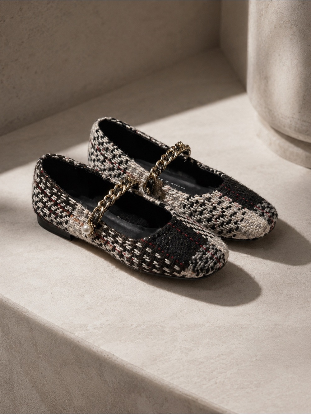 Charles & Keith Black, Cream and Red Tweed Mary Jane Flats with Chain and Pearl